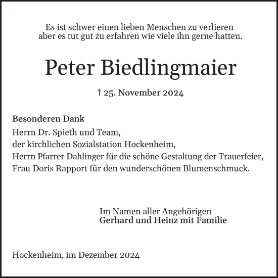 Traueranzeige von Peter Biedlingmaier von Schwetzinger Zeitung