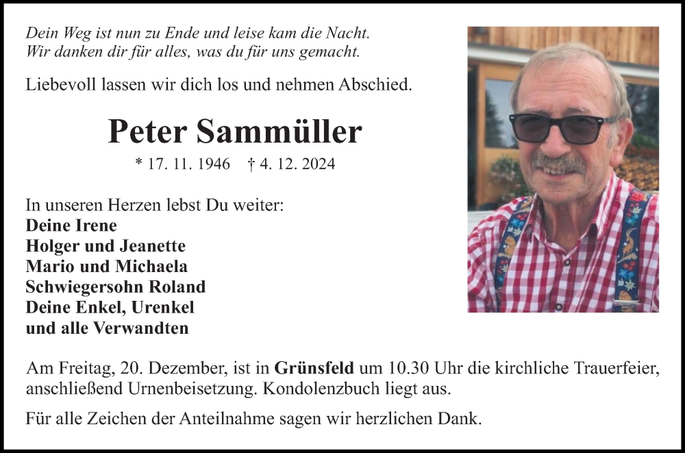  Traueranzeige für Peter Sammüller vom 14.12.2024 aus Fränkische Nachrichten