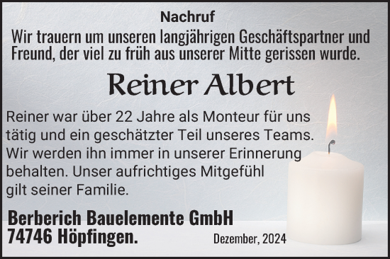 Traueranzeige von Reiner Albert von Fränkische Nachrichten