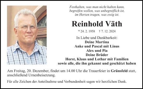 Traueranzeige von Reinhold Väth von Fränkische Nachrichten