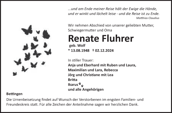 Traueranzeige von Renate Fluhrer von Fränkische Nachrichten