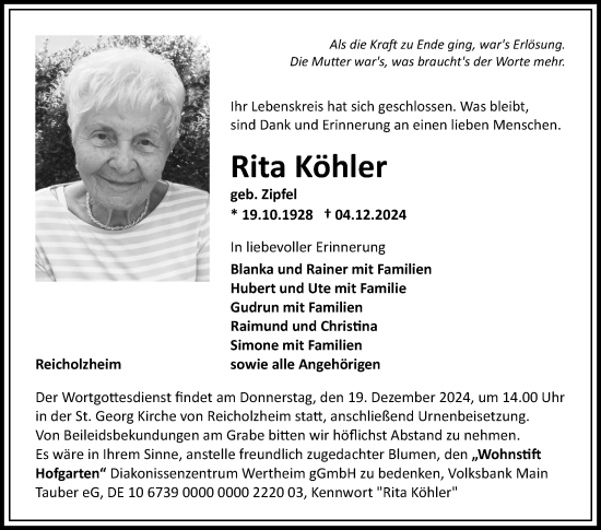 Traueranzeige von Rita Köhler von Fränkische Nachrichten