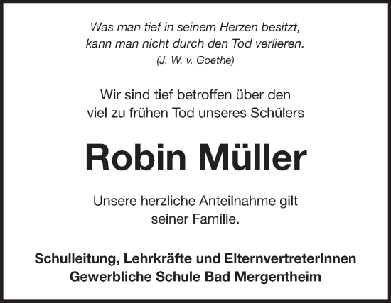 Traueranzeige von Robin Müller von Fränkische Nachrichten