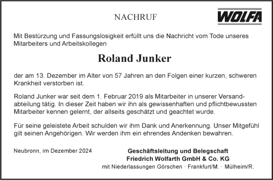 Traueranzeige von Roland Junker von Fränkische Nachrichten