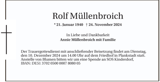 Traueranzeige von Rolf Müllenbroich von Schwetzinger Zeitung