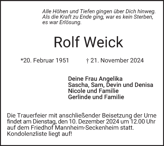 Traueranzeige von Rolf Weick von Mannheimer Morgen