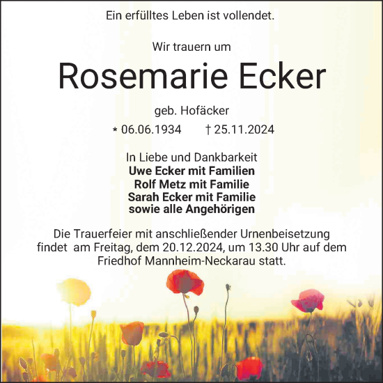 Traueranzeige von Rosemarie Ecker von Mannheimer Morgen