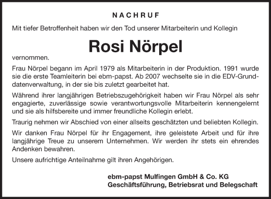 Traueranzeige von Rosi Nörpel von Fränkische Nachrichten