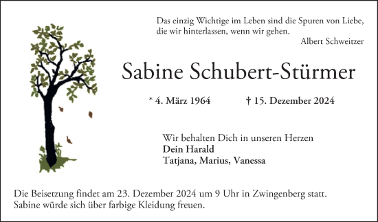 Traueranzeige von Sabine Schubert-Stürmer von Bergsträßer Anzeiger