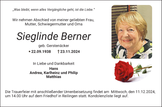 Traueranzeige von Sieglinde Berner von Mannheimer Morgen