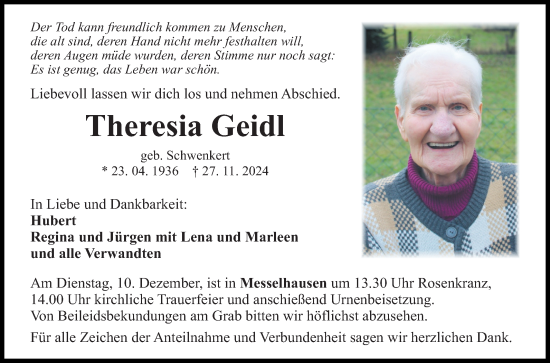 Traueranzeige von Theresia Geidl von Fränkische Nachrichten