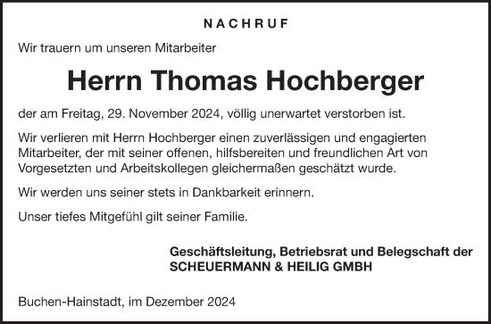 Traueranzeige von Thomas Hochberger von Fränkische Nachrichten