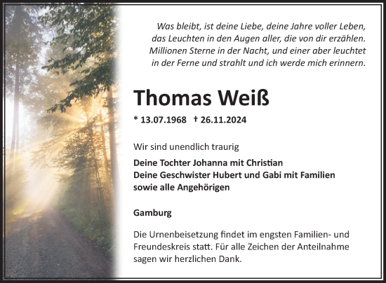 Traueranzeige von Thomas Weiß von Fränkische Nachrichten