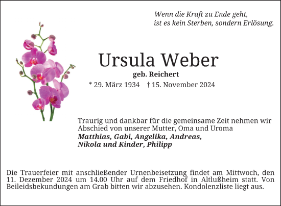 Traueranzeige von Ursula Weber von Schwetzinger Zeitung