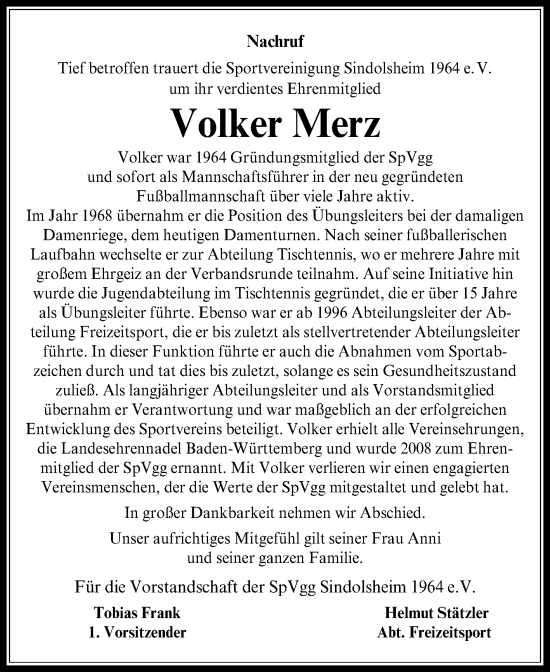 Traueranzeige von Volker Merz von Fränkische Nachrichten