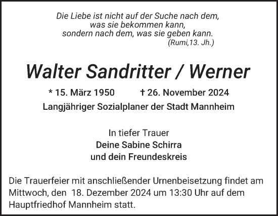 Traueranzeige von Walter Sandritter von Mannheimer Morgen