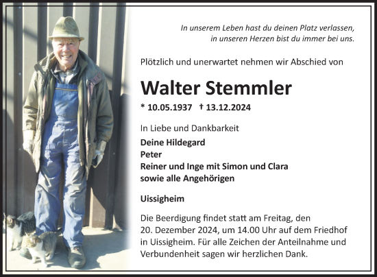 Traueranzeige von Walter Stemmler von Fränkische Nachrichten