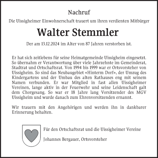 Traueranzeige von Walter Stemmler von Fränkische Nachrichten