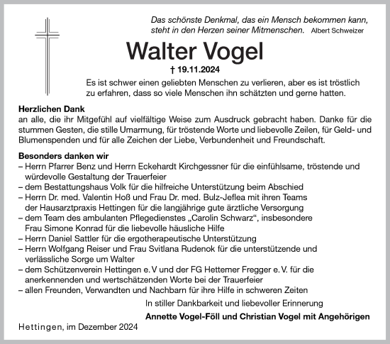 Traueranzeige von Walter Vogel von Fränkische Nachrichten