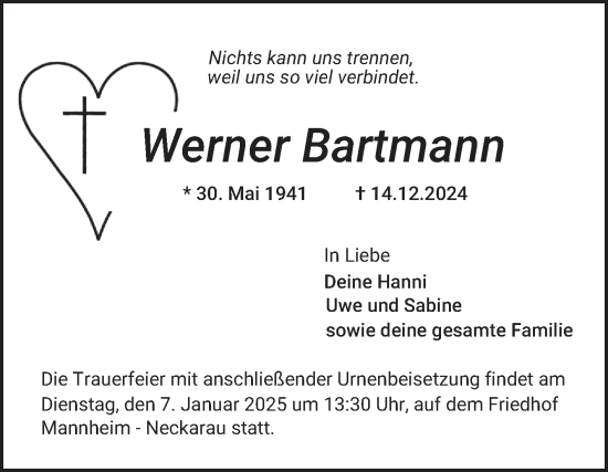 Traueranzeige von Werner Bartmann von Mannheimer Morgen