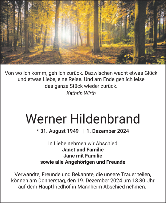 Traueranzeige von Werner Hildenbrand von Mannheimer Morgen