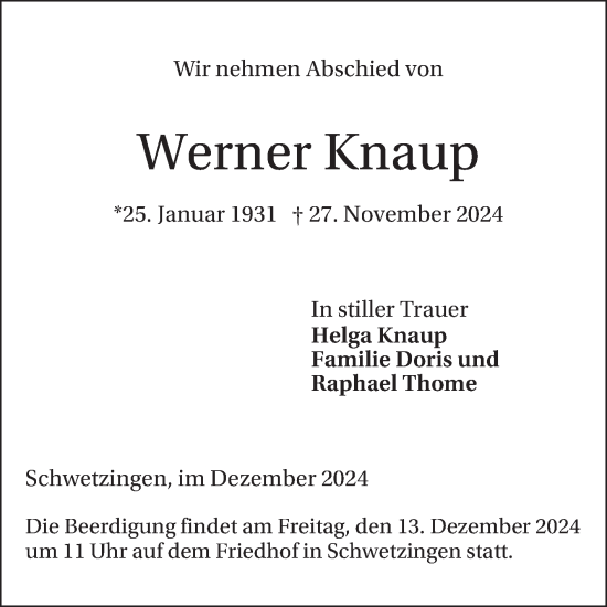 Traueranzeige von Werner Knaup von Schwetzinger Zeitung