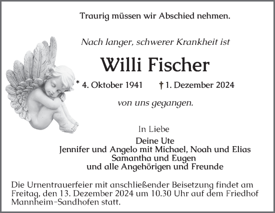 Traueranzeige von Willi Fischer von Mannheimer Morgen