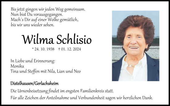 Traueranzeige von Wilma Schlisio von Fränkische Nachrichten