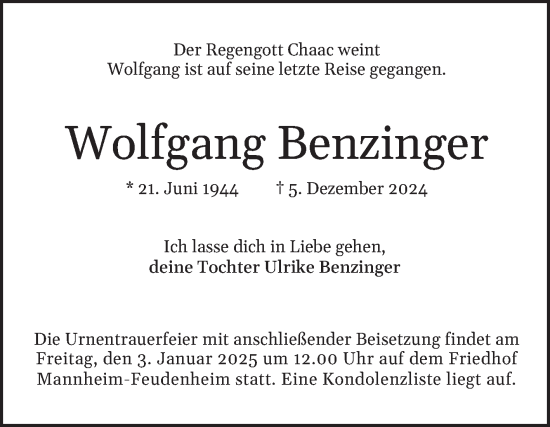 Traueranzeige von Wolfgang Benzinger von Mannheimer Morgen