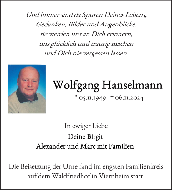 Traueranzeige von Wolfgang Hanselmann von Mannheimer Morgen