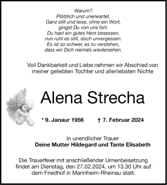 Traueranzeige von Alena Strecha von Mannheimer Morgen