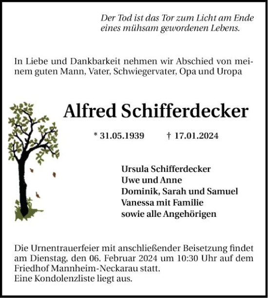 Traueranzeige von Alfred Schifferdecker von Mannheimer Morgen