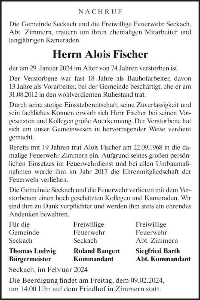  Traueranzeige für Alois Fischer vom 07.02.2024 aus Fränkische Nachrichten