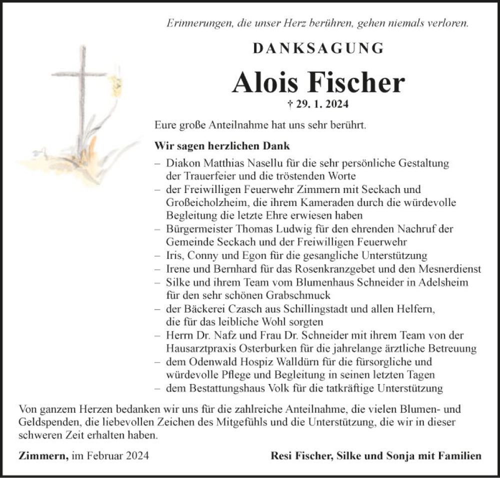  Traueranzeige für Alois Fischer vom 17.02.2024 aus Fränkische Nachrichten