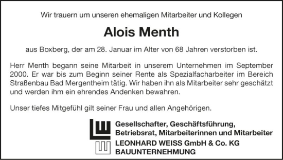 Traueranzeige von Alois Menth von Fränkische Nachrichten