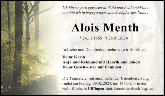 Traueranzeige von Alois Menth von Fränkische Nachrichten