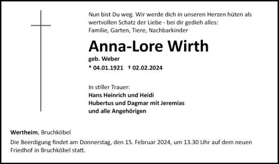 Traueranzeige von Anna-Lore Wirth von Fränkische Nachrichten