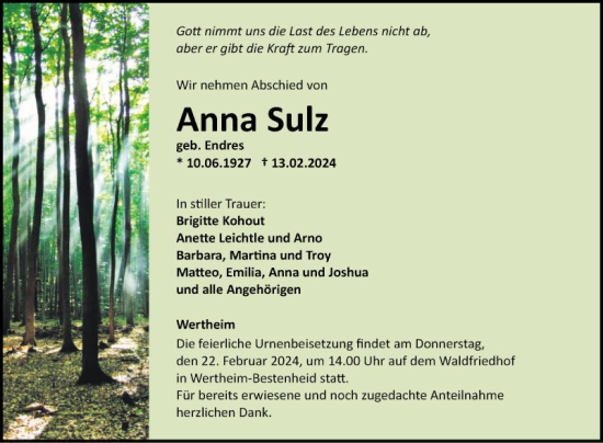 Traueranzeige von Anna Sulz von Fränkische Nachrichten