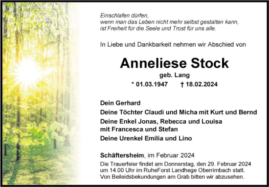 Traueranzeige von Anneliese Stock von Fränkische Nachrichten