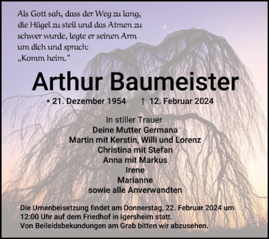 Traueranzeige von Arthur Baumeister von Fränkische Nachrichten