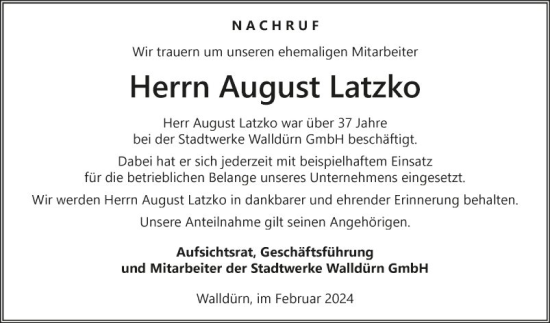 Traueranzeige von August Latzko von Fränkische Nachrichten