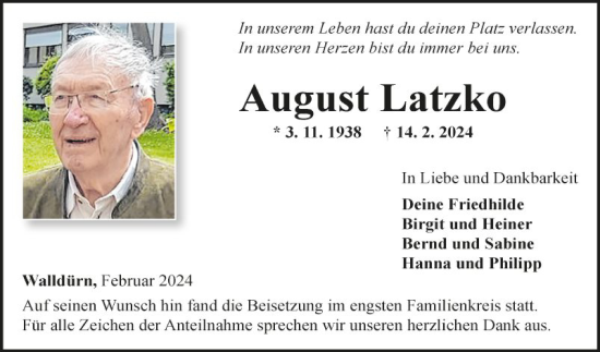 Traueranzeige von August Latzko von Fränkische Nachrichten