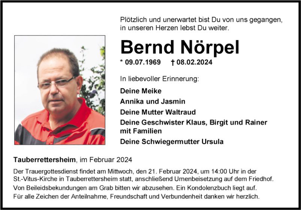  Traueranzeige für Bernd Nörpel vom 16.02.2024 aus Fränkische Nachrichten