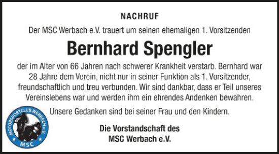 Traueranzeige von Bernhard Spengler von Fränkische Nachrichten