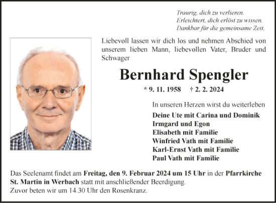 Traueranzeige von Bernhard Spengler von Fränkische Nachrichten