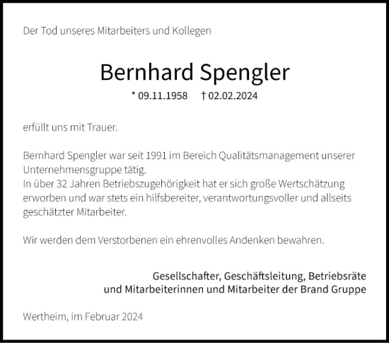 Traueranzeige von Bernhard Spengler von Fränkische Nachrichten