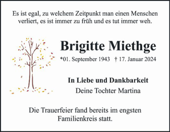 Traueranzeige von Brigitte Miethge von Mannheimer Morgen