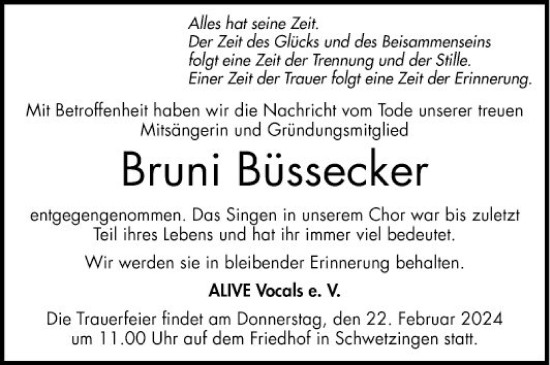 Traueranzeige von Bruni Büssecker von Schwetzinger Zeitung