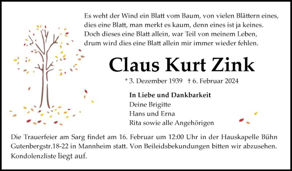  Traueranzeige für Claus Kurt Zink vom 10.02.2024 aus Mannheimer Morgen