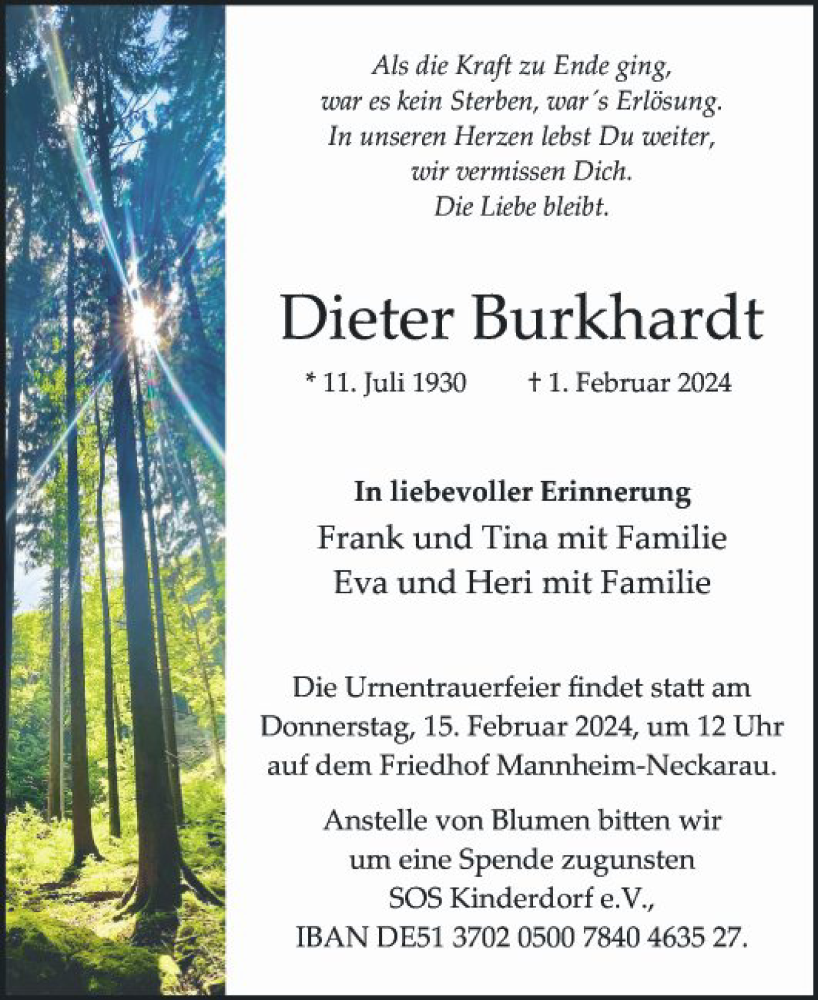  Traueranzeige für Dieter Burkhardt vom 10.02.2024 aus Mannheimer Morgen